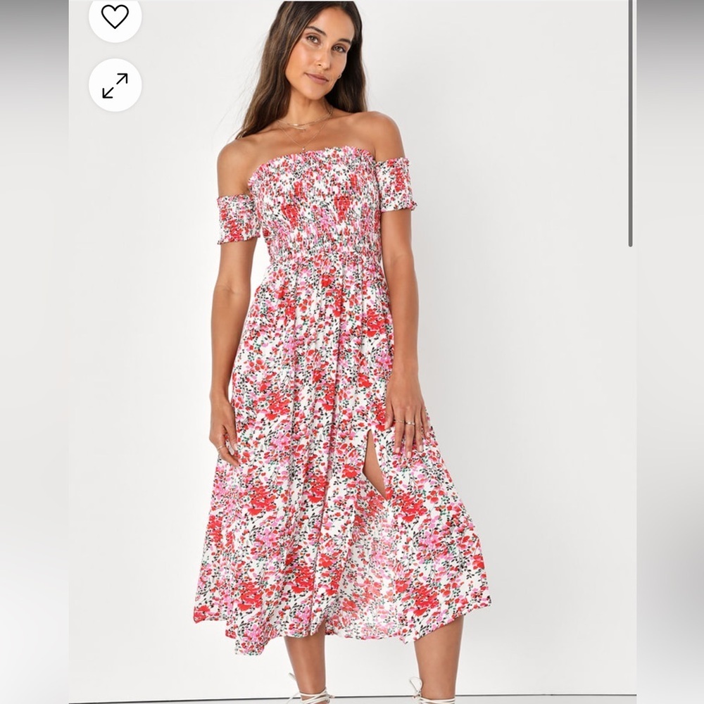 Lulu's Pink & Red Floral Off-Shoulder Midi Dress